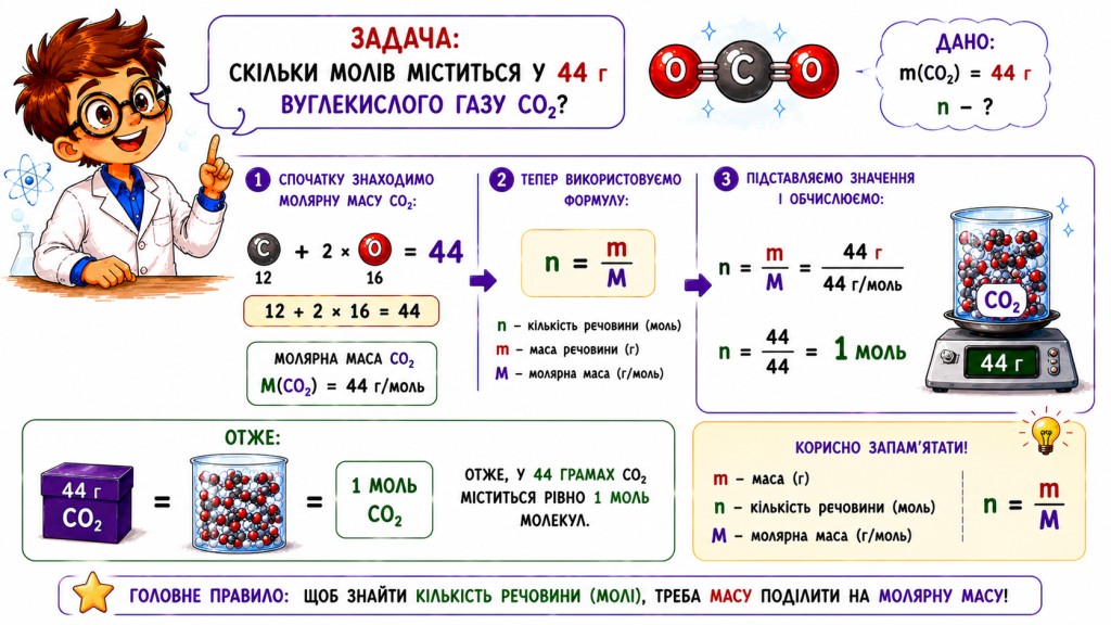 Скільки молів міститься у 44 г вуглекислого газу CO₂?