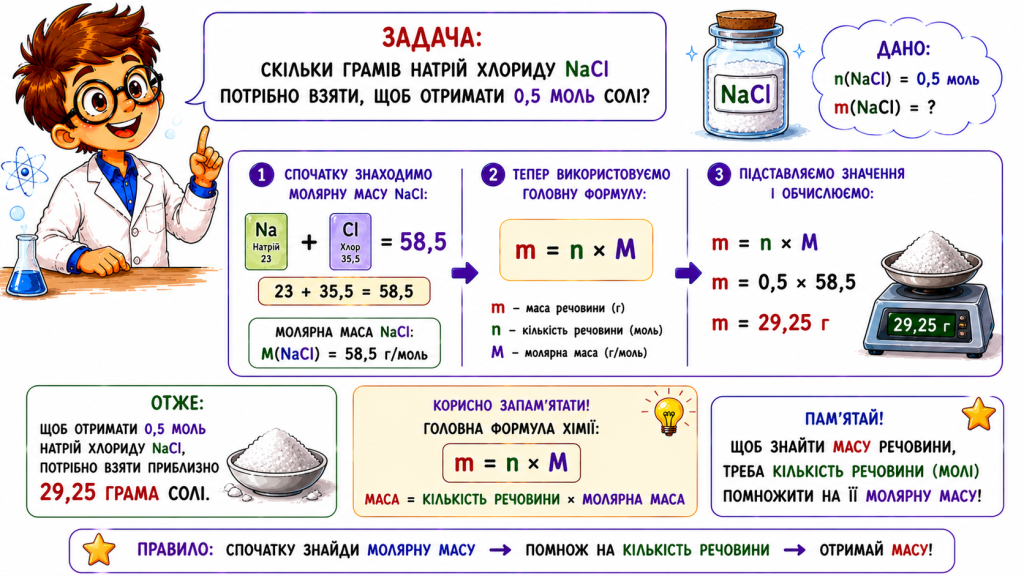 Скільки грамів натрій хлориду NaCl потрібно взяти, щоб отримати 0,5 моль солі?
