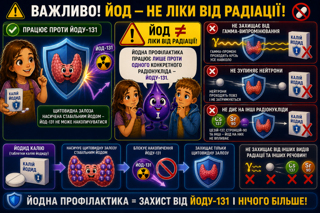 Йодна профілактика працює лише проти одного конкретного радіонукліда — йоду-131.
