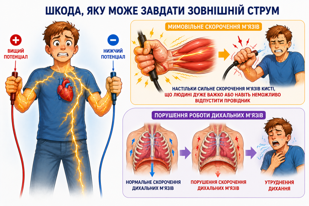 У чому полягає небезпека струму для людини