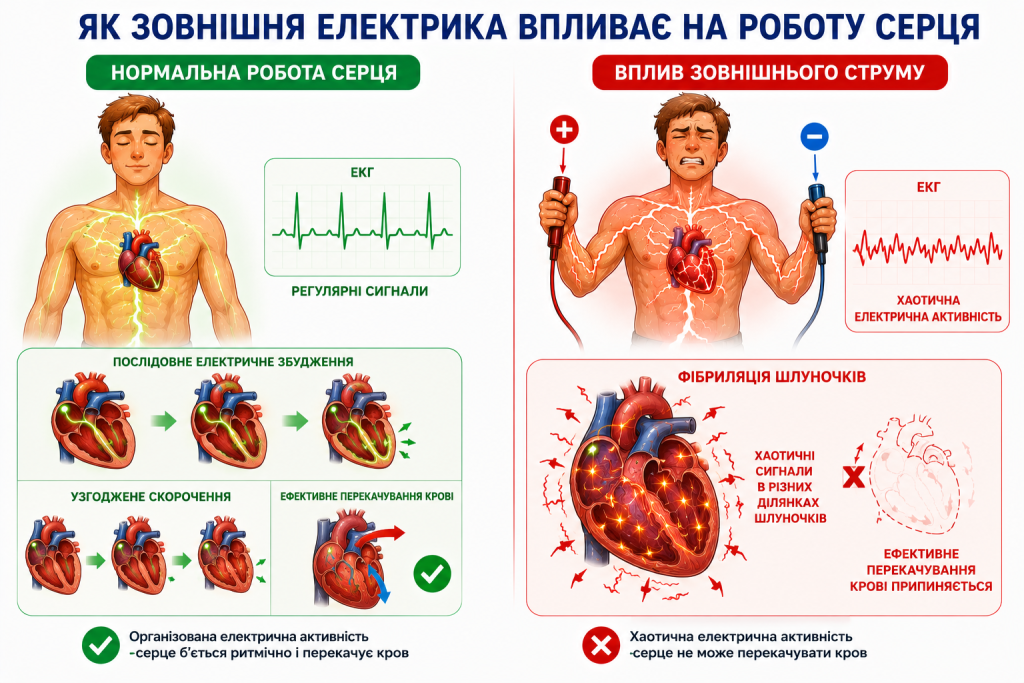 вплив струму на роботу серця