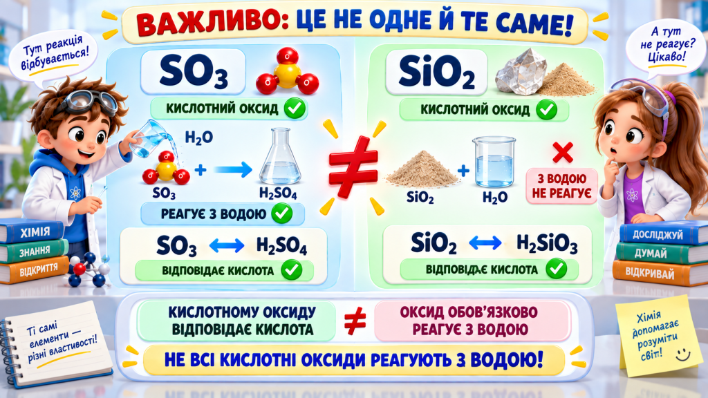 «кислотному оксиду відповідає кислота» і «оксид реагує з водою» — не одне й те саме
