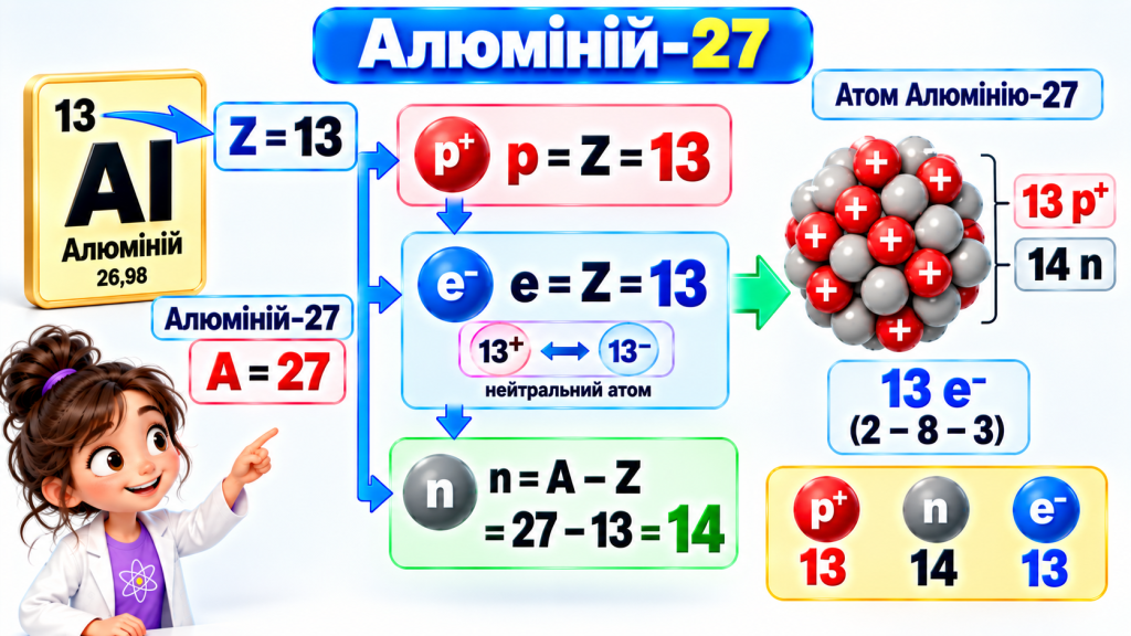 Визначимо кількість протонів, нейтронів та електронів в атомі Алюмінію-27.