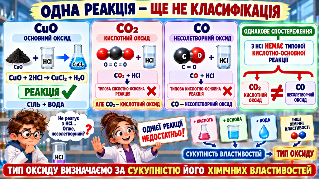 Чому за реакцією з кислотою не завжди можна визначити тип оксиду?