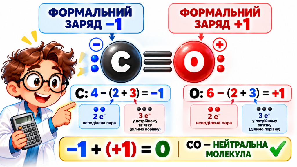 У структурі C≡O Карбон має формальний заряд −1, а Оксиген — +1.