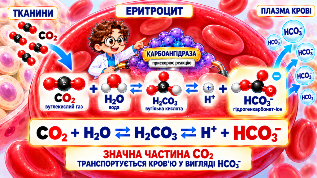 CO₂ + H₂O ⇄ H₂CO₃ ⇄ H⁺ + HCO₃⁻