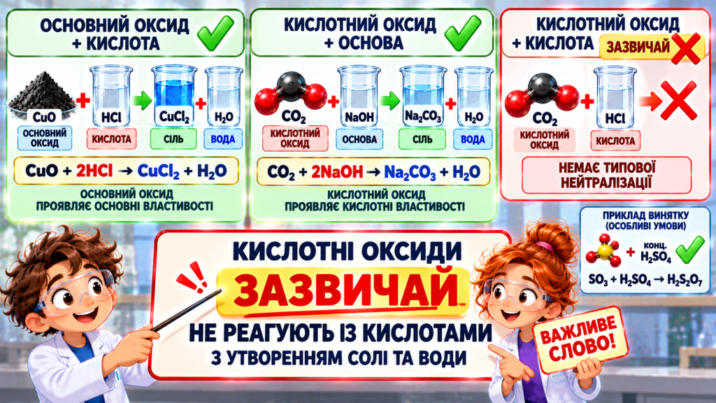 Кислотні оксиди зазвичай не реагують із кислотами з утворенням солі та води