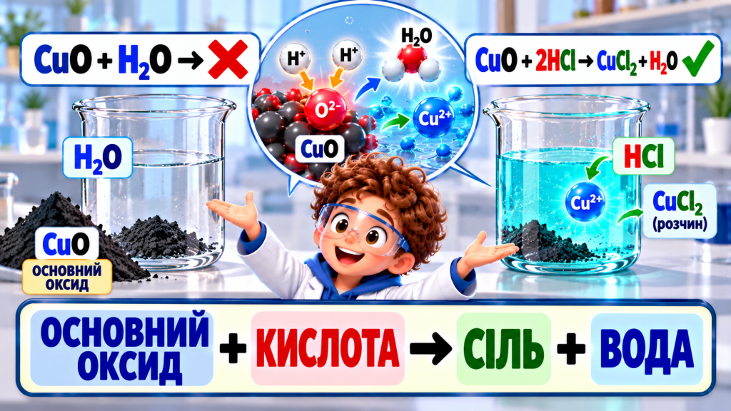 Основний оксид + кислота → сіль + вода