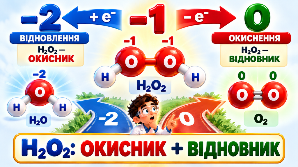 перекис водню може проявляти і окисні, і відновні властивості