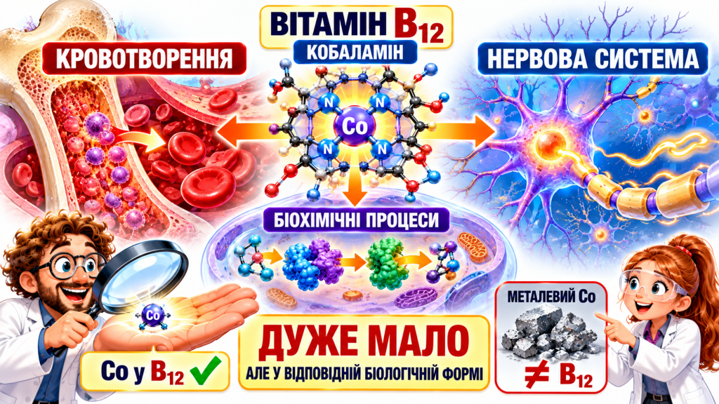 Кобальт входить до складу вітаміну B₁₂ — кобаламіну