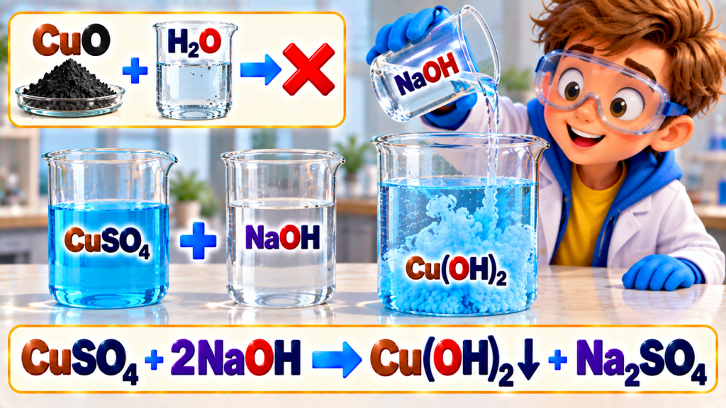 CuSO₄ + 2NaOH → Cu(OH)₂↓ + Na₂SO₄
